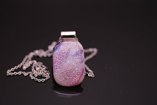 Sparkly Purple Pink White Dichroic Glass Pendant Necklace, Statement Jewelry on 24 inch chain , 1.75 X 1 inch pendant, silver tone bail seeds glassworks seedsglassworks