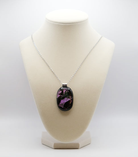 Unique sparkling Dichroic Purple Green and Black fused glass statement pendant necklace on 24 inch chain. 1.75 x 1 inch pendant seeds glassworks seedsglassworks