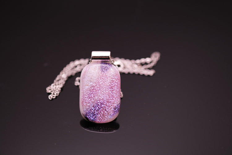 Purple Pink and White sparkly dichroic fused glass statement pendant necklace on 24 inch chain. 1.75 x 1 inch pendent, silver tone bail seeds glassworks seedsglassworks