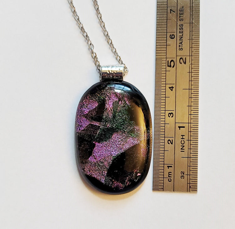 Unique sparkling Dichroic Purple Green and Black fused glass statement pendant necklace on 24 inch chain. 1.75 x 1 inch pendant seeds glassworks seedsglassworks