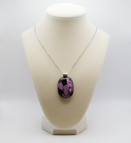 Sparkling Unique Dichroic Purple Black and green fused glass statement pendant necklace on 24 inch chain. 1.75 x 1 inch pendant seeds glassworks seedsglassworks