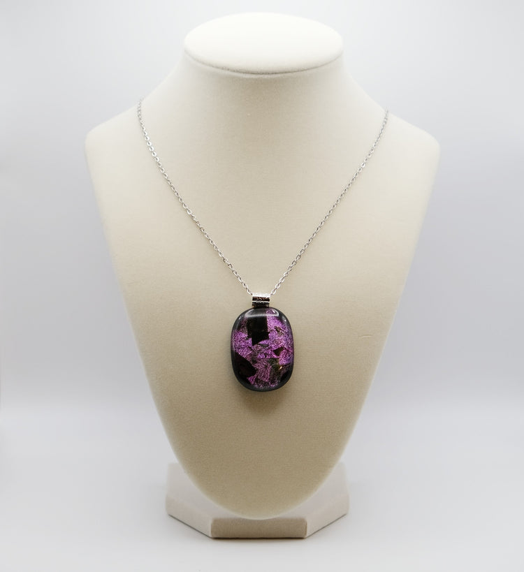 Sparkling Unique Dichroic Purple Black and green fused glass statement pendant necklace on 24 inch chain. 1.75 x 1 inch pendant seeds glassworks seedsglassworks