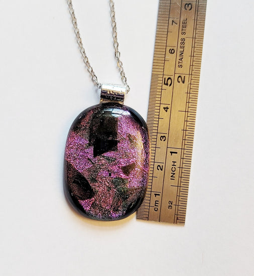 Sparkling Unique Dichroic Purple Black and green fused glass statement pendant necklace on 24 inch chain. 1.75 x 1 inch pendant seeds glassworks seedsglassworks