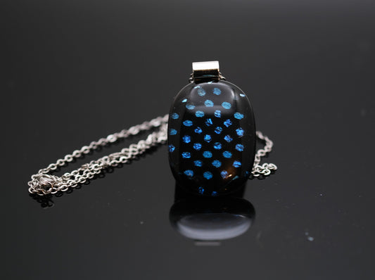 Handcrafted Dichroic Glass Pendant Necklace, Blue Dots on Black, 24 Inch Steel Chain, Statement Jewelry, 1.75  x 1 pendant, seedsglassworks seeds glassworks