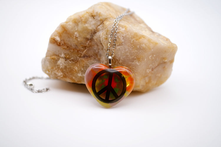 Tie Dye look and Peace Sign fused glass heart pendant necklace jewelry, rainbow color on 20 inch steel chain seeds glassworks seedsglassworks