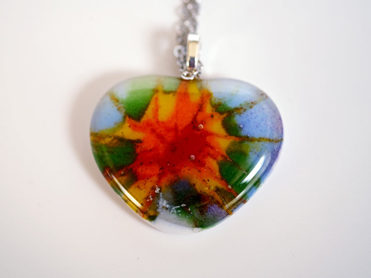 Tie Dye look fused glass heart pendant necklace jewelry, rainbow color on 20 inch steel chain seeds glassworks seedsglassworks