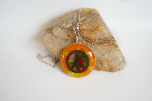 Tie Dye look and Peace Sign fused glass Circle pendant necklace jewelry, rainbow color on 20 inch steel chain seeds glassworks seedsglassworks