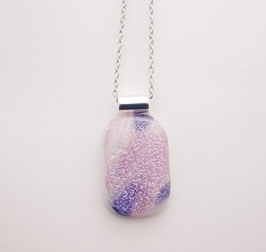 Purple Pink and White sparkly dichroic fused glass statement pendant necklace on 24 inch chain. 1.75 x 1 inch pendent, silver tone bail seeds glassworks seedsglassworks