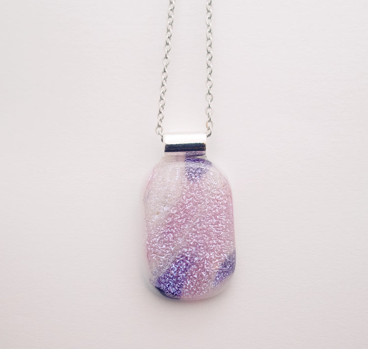 Purple Pink and White sparkly dichroic fused glass statement pendant necklace on 24 inch chain. 1.75 x 1 inch pendent, silver tone bail seeds glassworks seedsglassworks