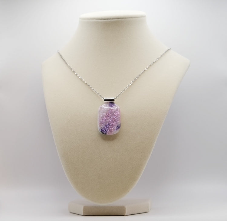 Purple Pink and White sparkly dichroic fused glass statement pendant necklace on 24 inch chain. 1.75 x 1 inch pendent, silver tone bail seeds glassworks seedsglassworks