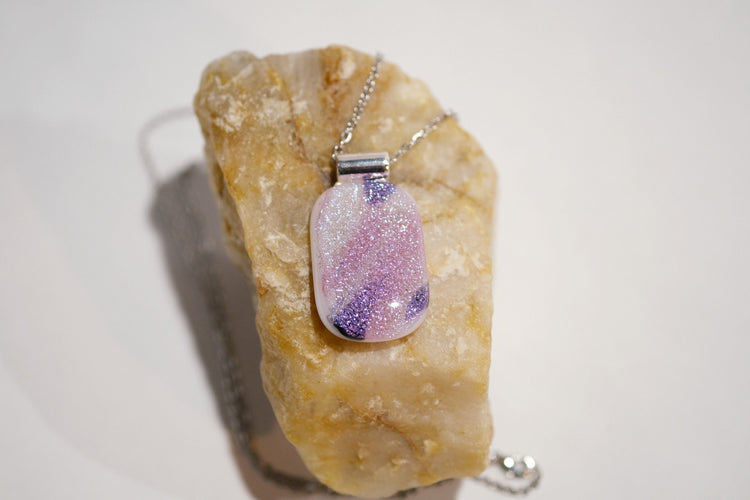 Purple Pink and White sparkly dichroic fused glass statement pendant necklace on 24 inch chain. 1.75 x 1 inch pendent, silver tone bail seeds glassworks seedsglassworks