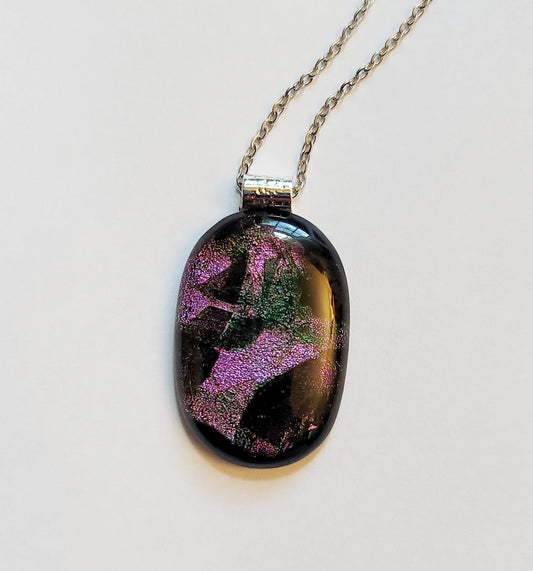 Unique sparkling Dichroic Purple Green and Black fused glass statement pendant necklace on 24 inch chain. 1.75 x 1 inch pendant seeds glassworks seedsglassworks