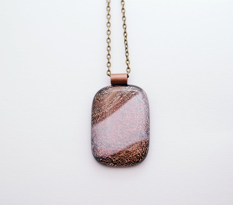 Dichroic Orange and White Fused Glass Pendant Necklace - Statement Jewelry on 24 Inch Brass Chain, 1.75 x 1.25 inch pendant seeds glassworks seedsglassworks