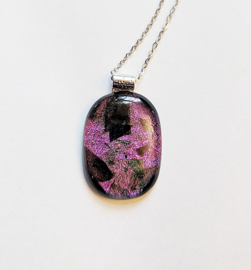 Sparkling Unique Dichroic Purple Black and green fused glass statement pendant necklace on 24 inch chain. 1.75 x 1 inch pendant seeds glassworks seedsglassworks