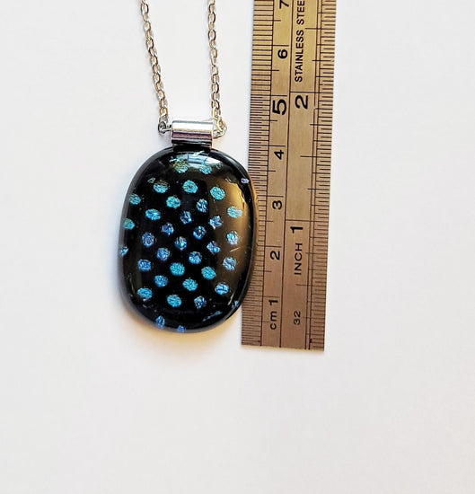 Handcrafted Dichroic Glass Pendant Necklace, Blue Dots on Black, 24 Inch Steel Chain, Statement Jewelry, 1.75  x 1 pendant, seedsglassworks seeds glassworks