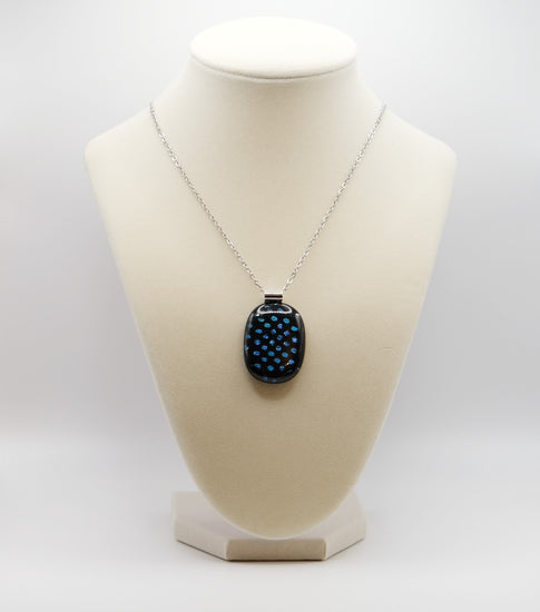 Handcrafted Dichroic Glass Pendant Necklace, Blue Dots on Black, 24 Inch Steel Chain, Statement Jewelry, 1.75  x 1 pendant, seedsglassworks seeds glassworks