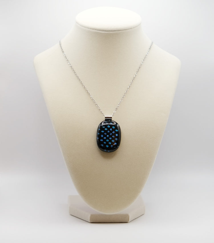 Handcrafted Dichroic Glass Pendant Necklace, Blue Dots on Black, 24 Inch Steel Chain, Statement Jewelry, 1.75  x 1 pendant, seedsglassworks seeds glassworks