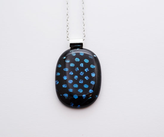 Handcrafted Dichroic Glass Pendant Necklace, Blue Dots on Black, 24 Inch Steel Chain, Statement Jewelry, 1.75  x 1 pendant, seedsglassworks seeds glassworks