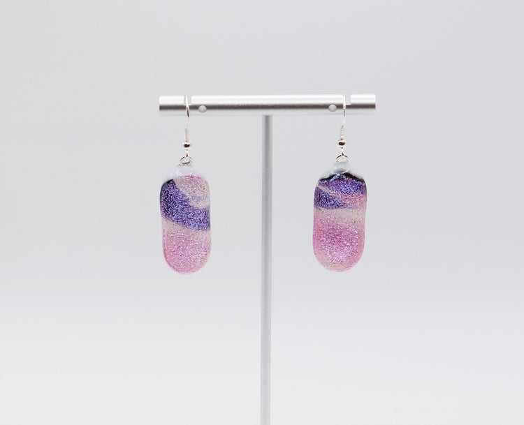 Dichroic pink, purple and white sparkling fused glass pierced dangling earrings on silver french wires. Approx 2 inches total length seeds glassworks seedsglasswork