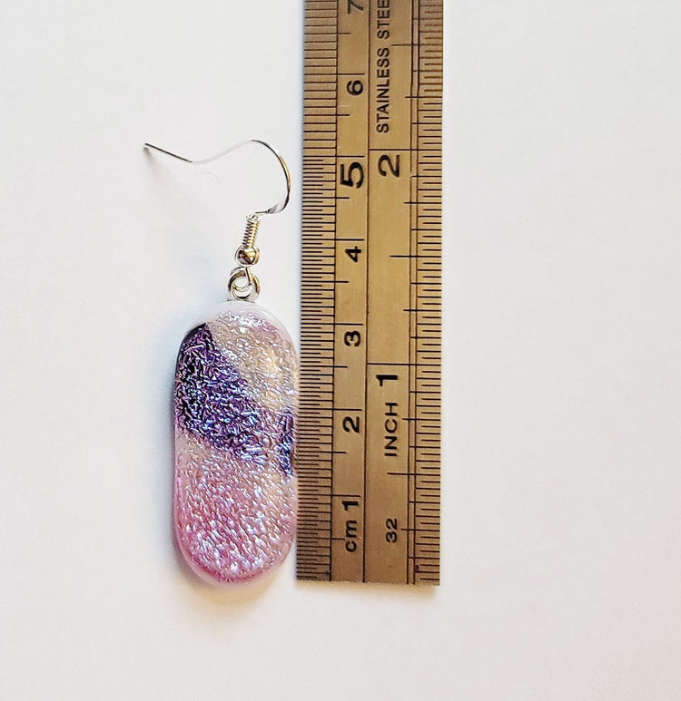 Dichroic pink, purple and white sparkling fused glass pierced dangling earrings on silver french wires. Approx 2 inches total length seeds glassworks seedsglasswork