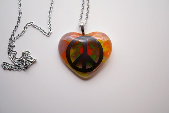 Tie Dye look and Peace Sign fused glass heart pendant necklace jewelry, rainbow color on 20 inch steel chain seeds glassworks seedsglassworks