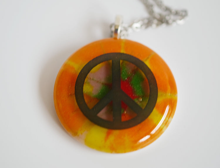 Tie Dye look and Peace Sign fused glass Circle pendant necklace jewelry, rainbow color on 20 inch steel chain seeds glassworks seedsglassworks