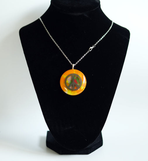 Tie Dye look and Peace Sign fused glass Circle pendant necklace jewelry, rainbow color on 20 inch steel chain seeds glassworks seedsglassworks