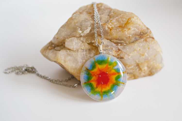 Tie Dye look fused glass Circle pendant necklace jewelry, rainbow color on 20 inch steel chain seeds glassworks seedsglassworks