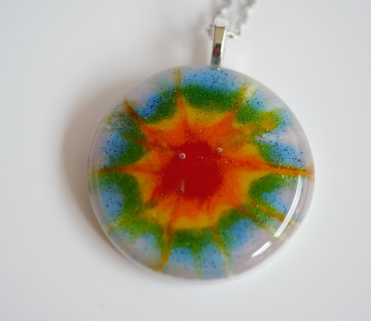 Tie Dye look fused glass Circle pendant necklace jewelry, rainbow color on 20 inch steel chain seeds glassworks seedsglassworks