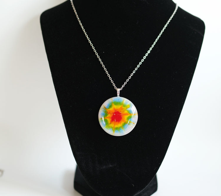 Tie Dye look fused glass Circle pendant necklace jewelry, rainbow color on 20 inch steel chain seeds glassworks seedsglassworks