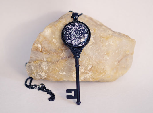 Black Metal Skeleton Key pendant necklace with Fused Glass Silver Lace cabochon on 24 inch black chain jewelry seeds glassworks seedsglassworks