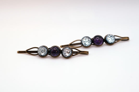 Bronze colored Bobby pin pair with 3 colored fused glass cabochons (shades of Purple & Silver), 3 inches seeds glassworks seedsglassworks