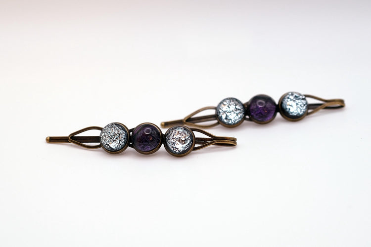 Bronze colored Bobby pin pair with 3 colored fused glass cabochons (shades of Purple & Silver), 3 inches. elegant unique hair jewelry seeds glassworks seedsglassworks