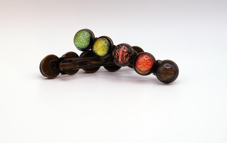 Barrette pair, bronze colored with 5 earth toned fused glass cabochons, french clip, 2 3/4 inches seeds glassworks seedsglassworks