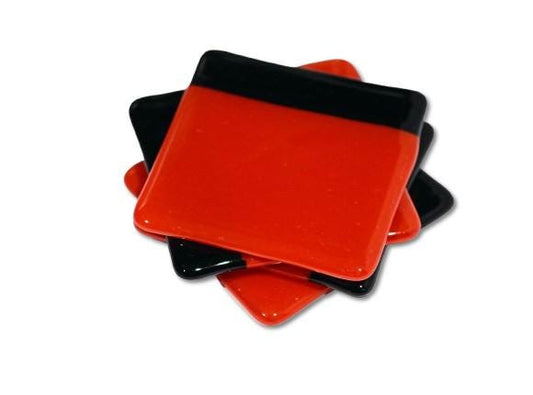 Vibrant reddish orange with black boarder fused glass drink coaster, set of 4, handmade, housewarming gift, home décor, halloween seeds glassworks seedsgalssworks