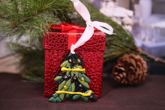 Fused Glass Christmas tree shaped ornament, multi shades of green, dimensional, 3.5 inches