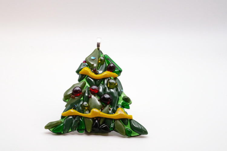 Fused Glass Christmas tree shaped ornament, multi shades of green, dimensional, 3.5 inches