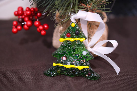 Whimsical Green Fused Glass Christmas Tree Ornament with Yellow Garland | 3.5 inches