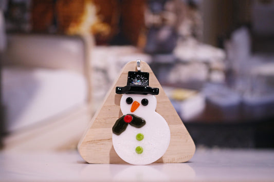 Charming Snowman Fused Glass Ornament - White with Black Hat & Holly - 4 inch Decor