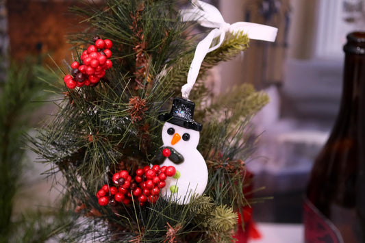 Charming Snowman Fused Glass Ornament - White with Black Hat & Holly - 4 inch Decor