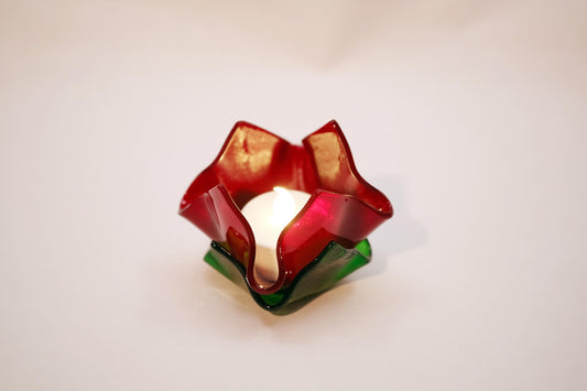 Clear red Fused Glass Flower look tea light candle holder with battery operated votive candle