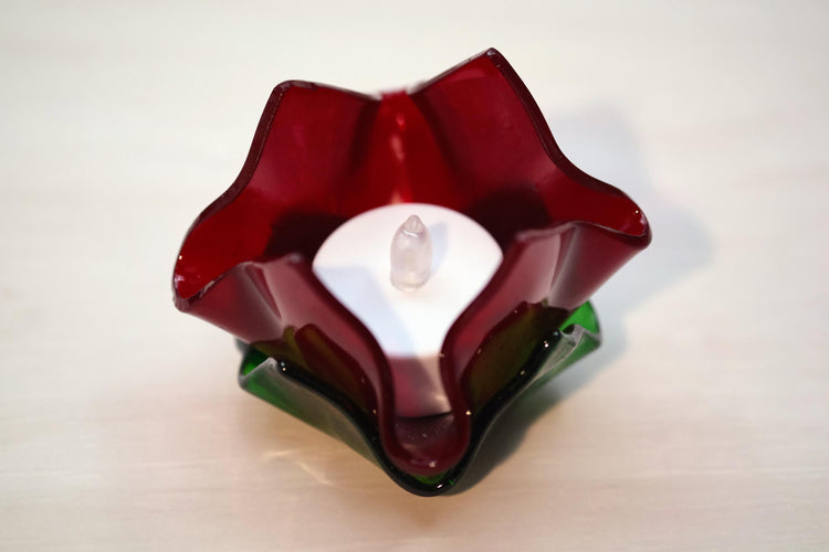 Clear red Fused Glass Flower look tea light candle holder with battery operated votive candle