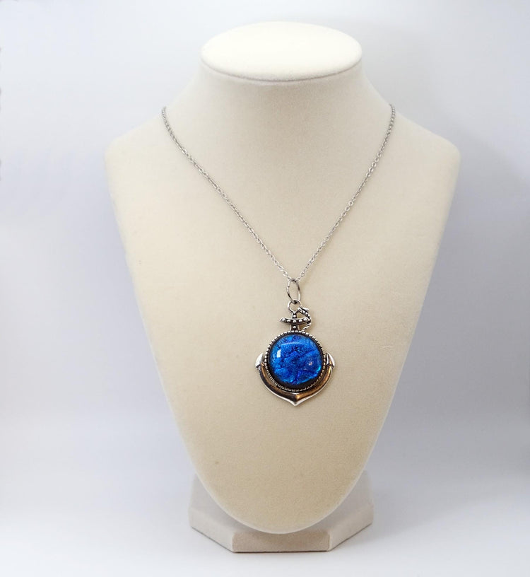 Silver Anchor pendant necklace, with blue sparkling dichroic fused glass center stone on a 20 inch steel chain