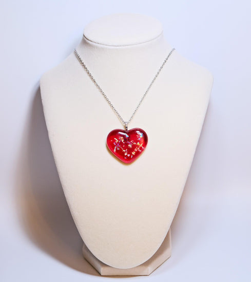 Red Sparkle Heart fused glass pendant necklace, dichroic accents,18 inch stainless steel chain. Valentine's sweetheart gift seeds glassworks seedsglassworks