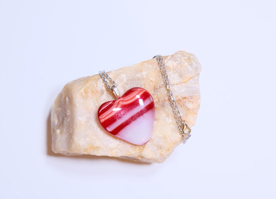 Red and White Striped Fused Glass Heart Pendant necklace on 18 inch stainless steel chain seeds glassworks seedsglassworks