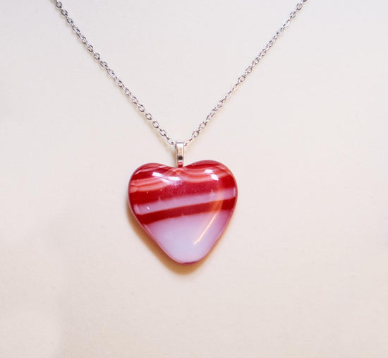 Red and White Striped Fused Glass Heart Pendant necklace on 18 inch stainless steel chain seeds glassworks seedsglassworks