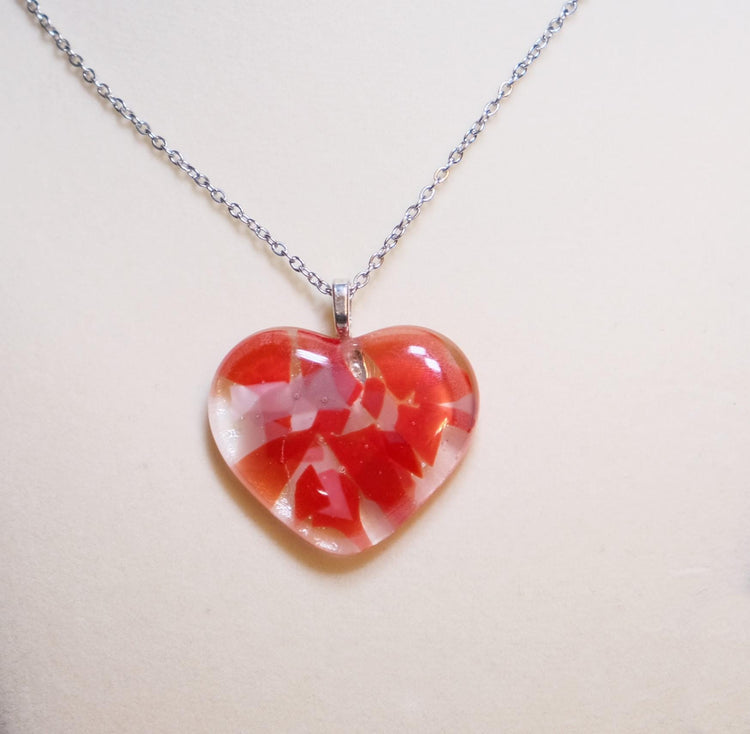 Shades of red fused Glass Heart Pendant necklace on 18 inch stainless steel chain. Valentine's sweetheart gift seeds glassworks seedsglassworks