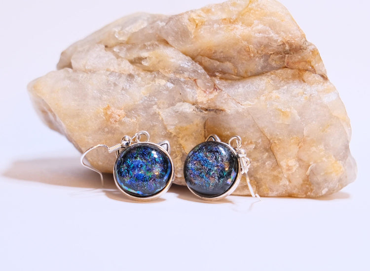 Whimsical Cat Head Shaped pierced Earrings - Silver Tone with blue Dichroic Glass seeds glassworks seedsglassworks