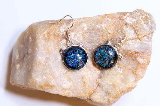 Whimsical Cat Head Shaped pierced Earrings - Silver Tone with blue Dichroic Glass seeds glassworks seedsglassworks