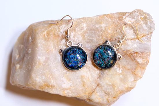 Whimsical Cat Head Shaped pierced Earrings - Silver Tone with blue Dichroic Glass seeds glassworks seedsglassworks